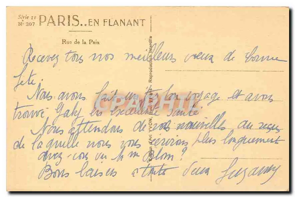 Street of Peace — Paris — Edition A.A. YVON, Series 11 No. 207 - Back