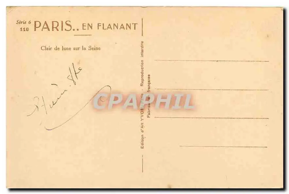 Paris. En Flanant — Clair de lune sur la Seine — Édition d'Art YVON, Paris - Verso
