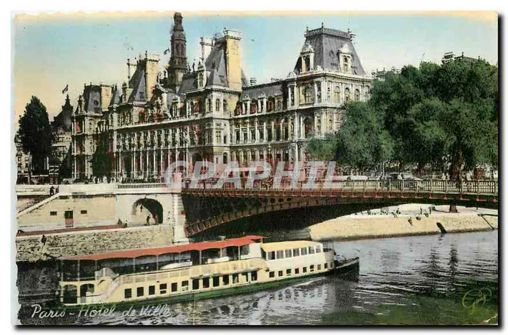 Paris - Hôtel de Ville — vue du fleuve avec bateau — éditeur Graphphil, n° 2052 - Recto