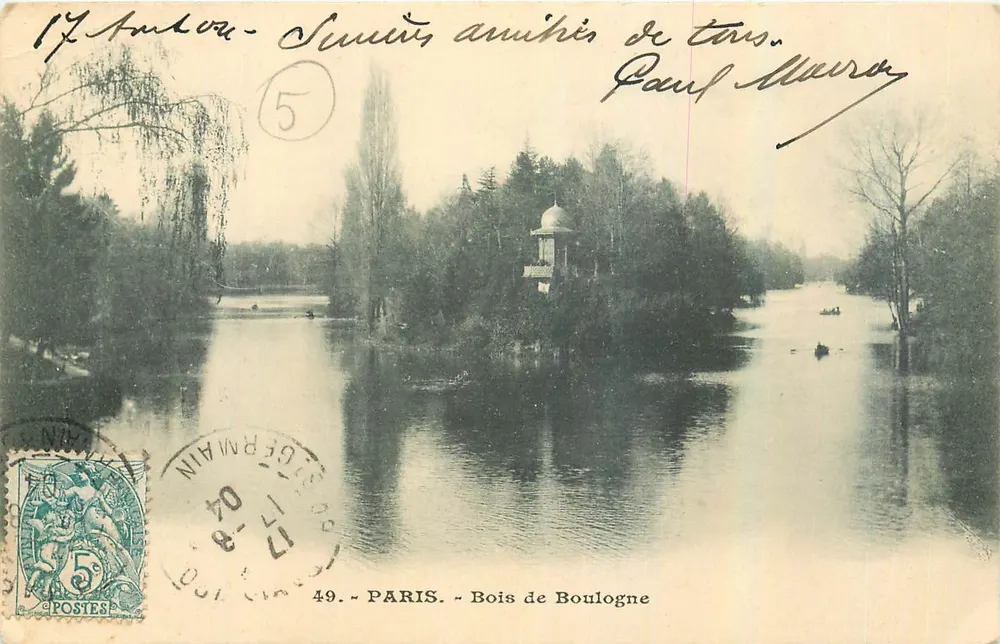 Bois de Boulogne — Uitzicht op het meer met kiosk — Parijs, anoniem uitgever, nr. 49 - Voorkant