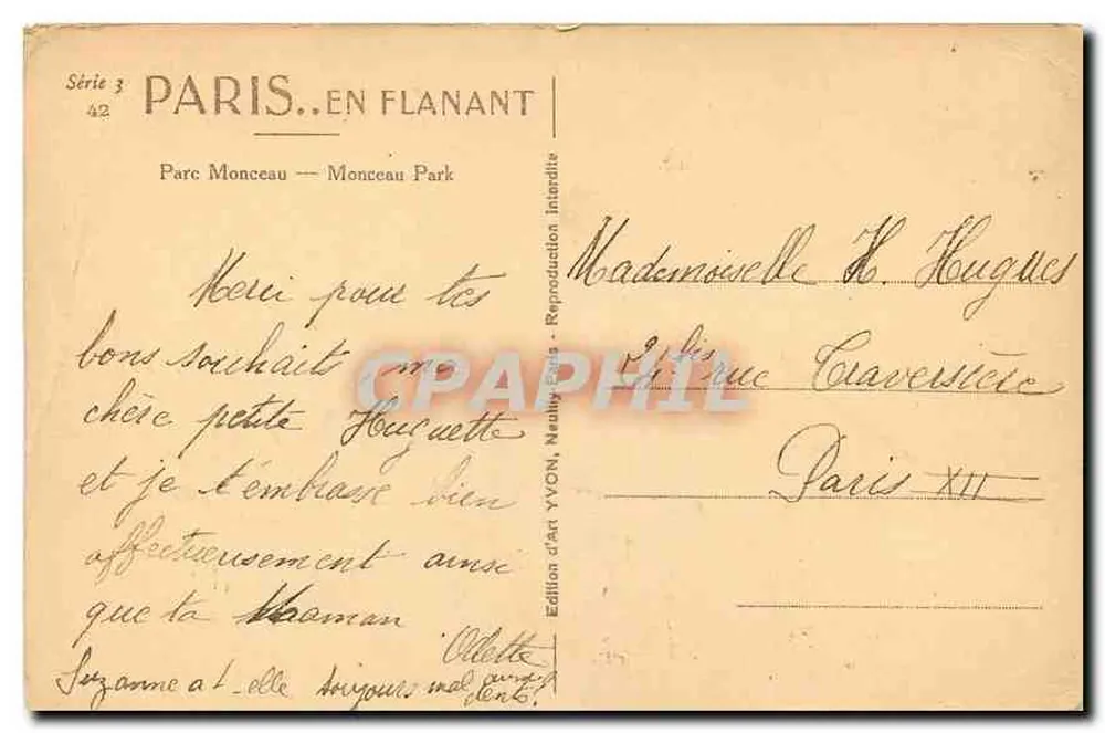 Parc Monceau — Ruínas de colunas e laghetto — Edição artística YVON, Nauilly - Verso