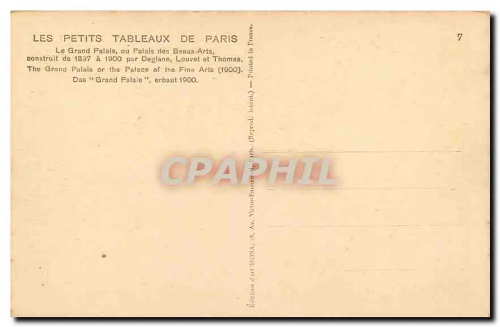 Der Grand Palais — Paris — Verlag Mona, Nr. 7 - Rückseite