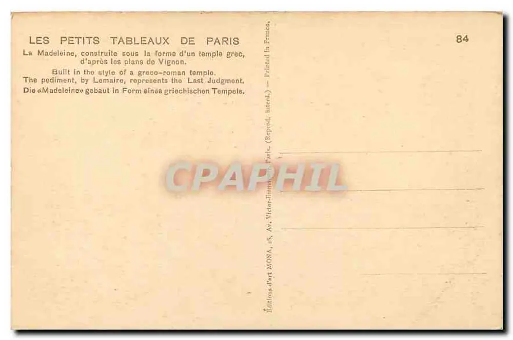 A Madeleine — editora Editions d'Art MORA, n°84 - Verso