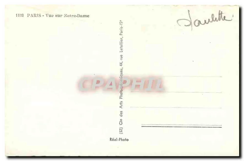 Paris - Vista sobre a Notre-Dame — editor Cie des Arts des Arts, n° 1103 - Verso
