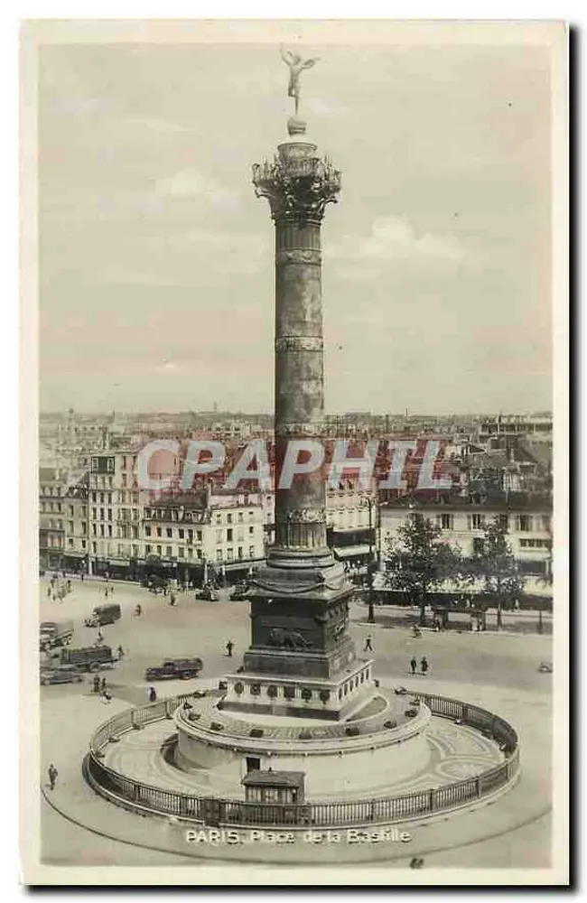 Paris, Praça da Bastilha — coluna monumental com estátua alada — editor E.R. Paris - Frente