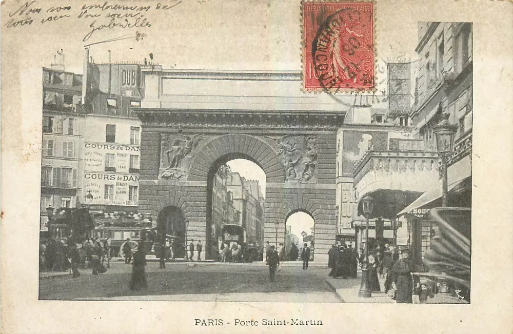 PARIS - Porte Saint-Martin — vue de la porte avec enseignes et piétons — éditeur non identifié - Recto