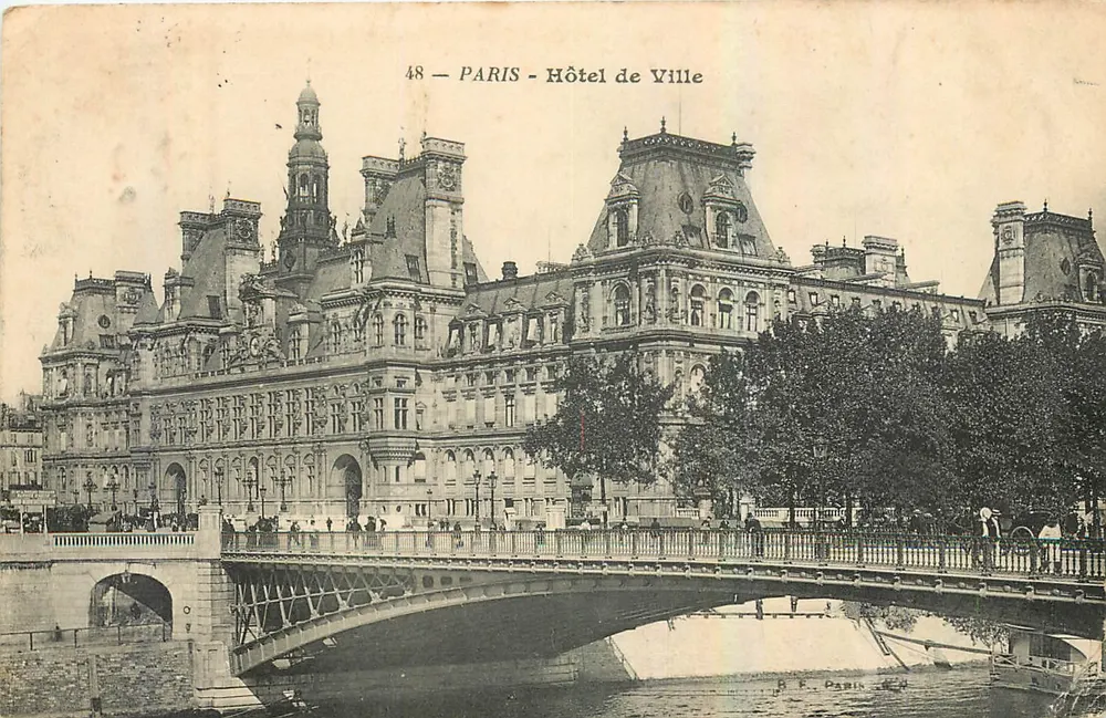 Paris - Hotel de Ville — vista com ponte — editor P. F. Paris, n° 48 - Frente