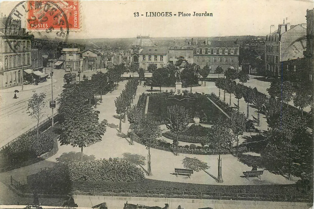 Limoges — Plac Jourdan — widok panoramiczny z fontanną i drzewami — wydawca nieznany, nr 13 - Awers