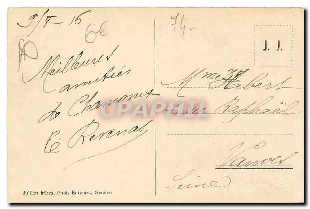 Chamonix e o Mont-Blanc — J. J. 95 A — Julllien frères, Phot. Editeurs, Genève - Verso