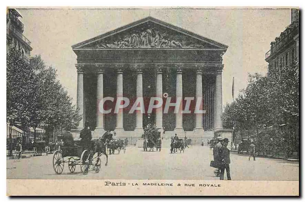 Paris - A Madeleine & Rue Royale — vista do templo com carruagem e pedestres - Frente