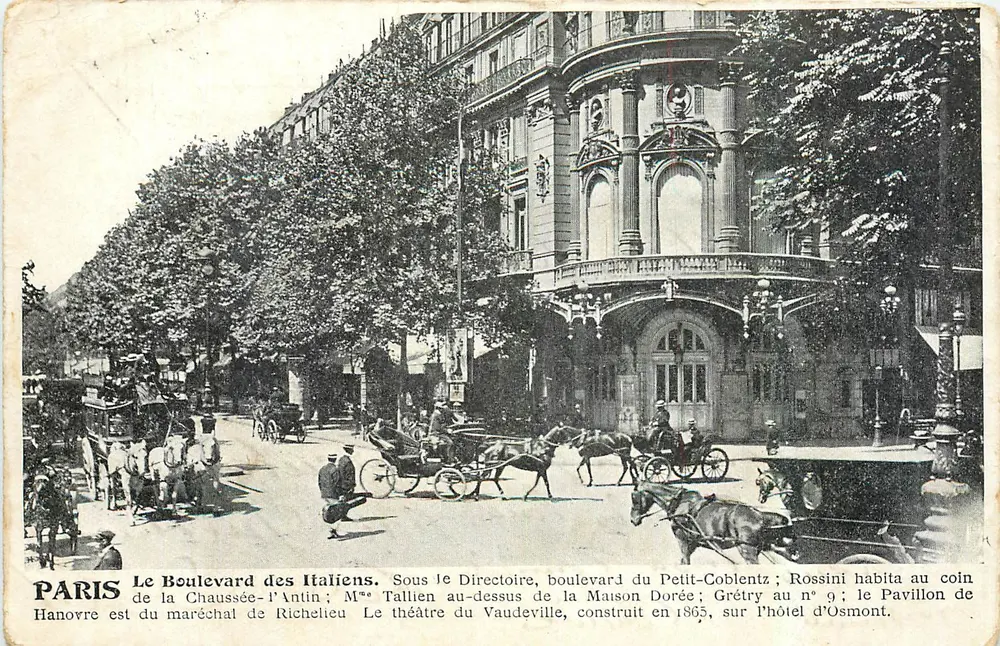 Paris — O Boulevard dos Italianos — vista do teatro do Vaudeville e do Pavilhão de Hanover - Frente