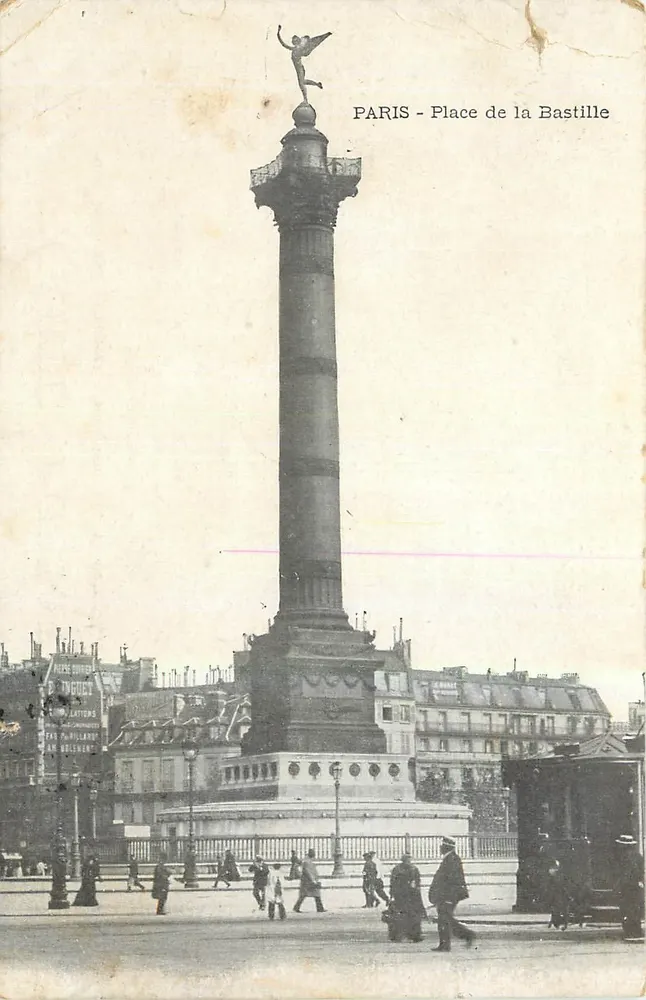 Paris - Place de la Bastille — colonne monumentale avec statue ailée au sommet — éditeur non identifié - Frente