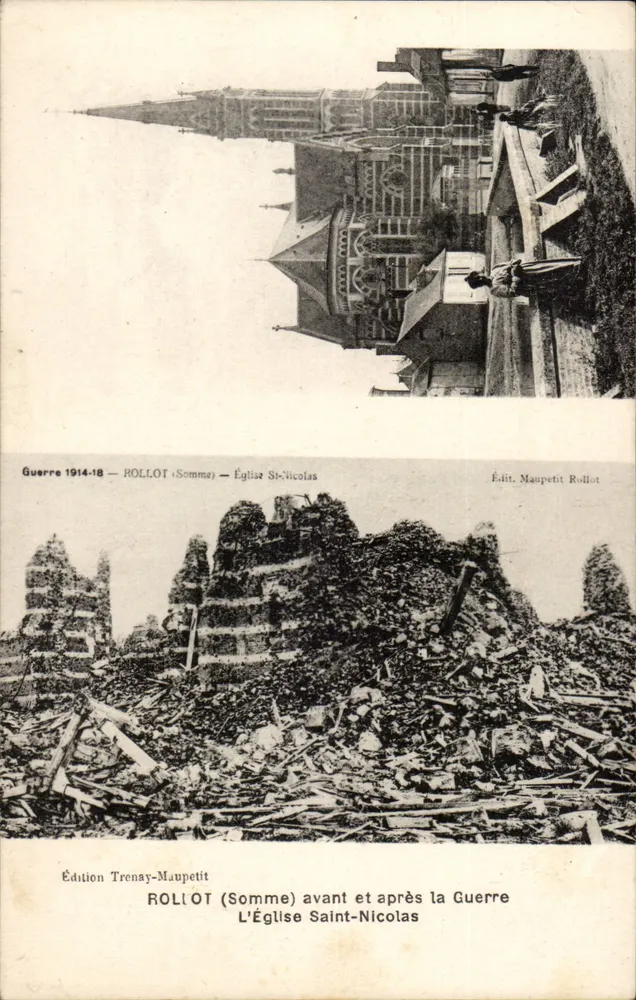 ROLLLOT (Somme) — Ansicht der Kirche Saint-Nicolas vor und nach dem Krieg 1914-18 — Edition Trenay-Maupetit - Vorderseite