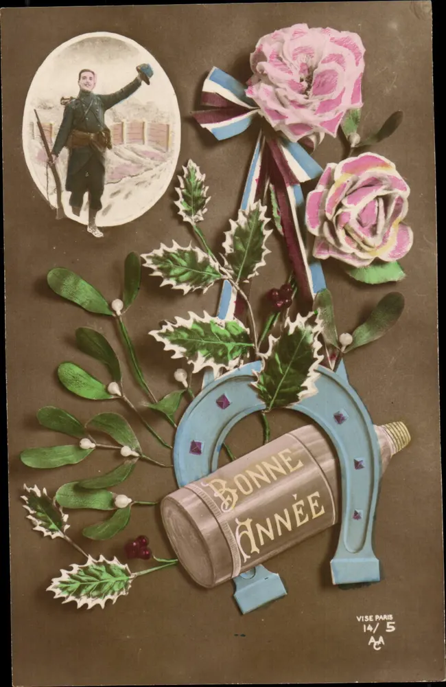 Soldat saluant — Bonne Année 1914 — Vise Paris 14/5 - Recto