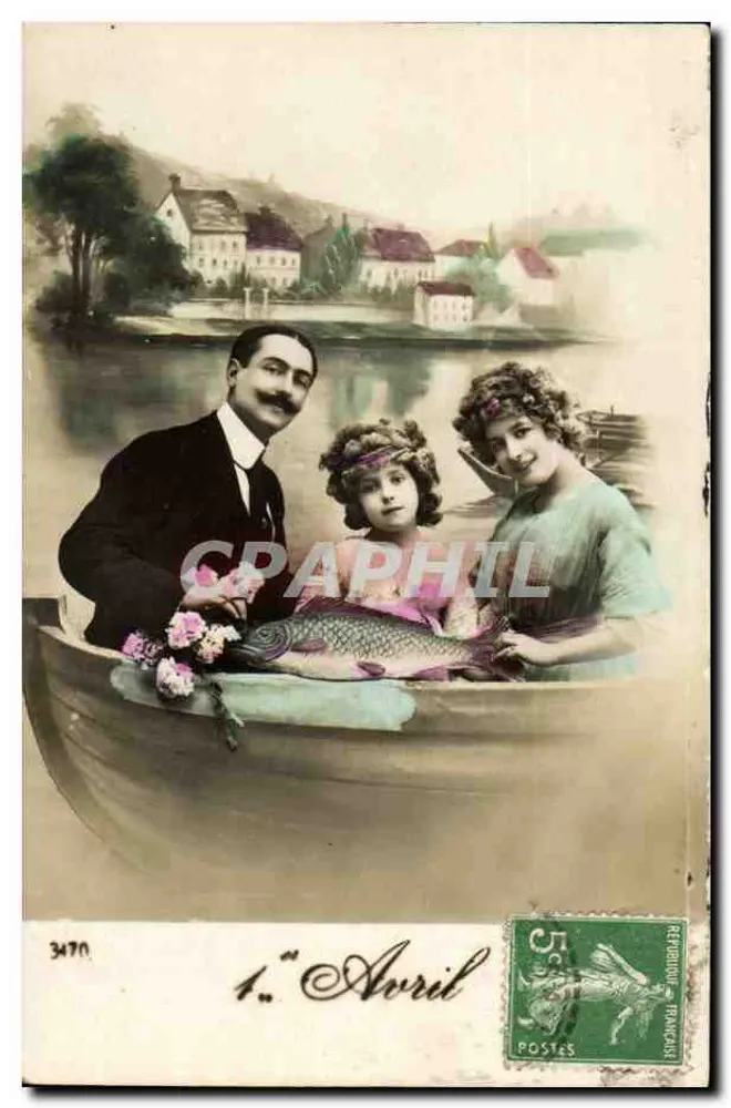 Familie in einem Boot mit Fisch — 1. April — Répertoire Français n°3470 - Vorderseite