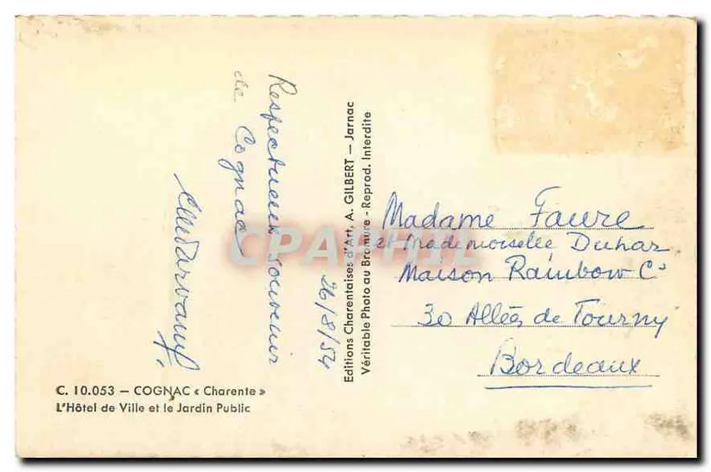 Cognac — Das Rathaus und der Öffentliche Garten — Éditions A. Gilber - Rückseite