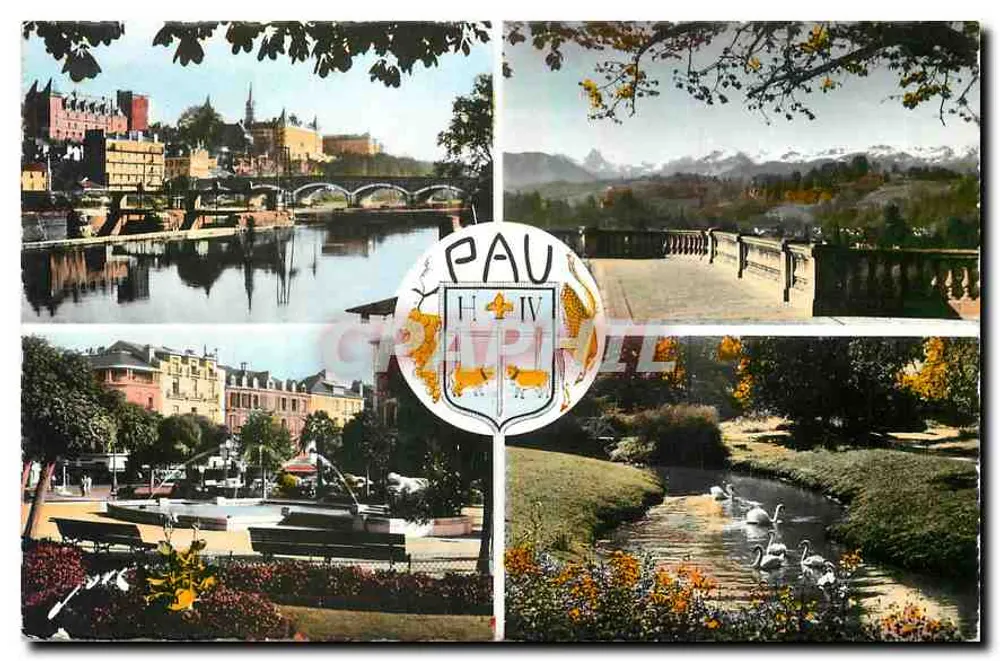 Pau — Vista panorâmica com ponte, montanhas, praça e lago com cisnes — Edições Francesas - Frente
