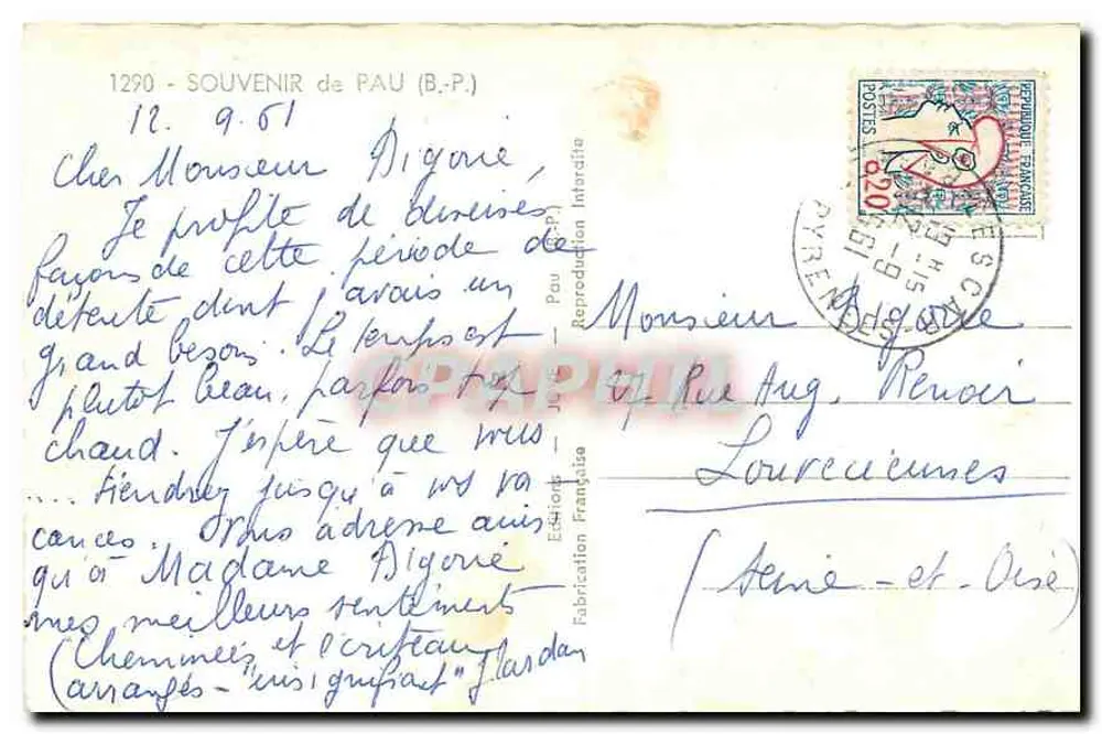 Pau — Vista panorâmica com ponte, montanhas, praça e lago com cisnes — Edições Francesas - Verso