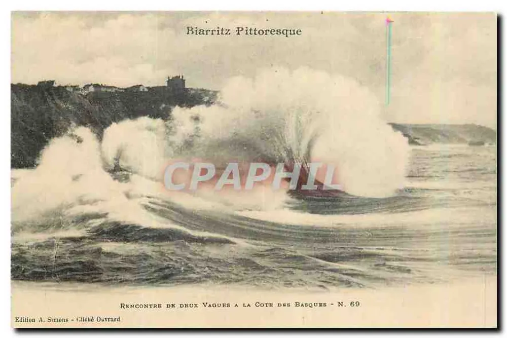 Rencontre de deux vagues à la côte des Basques — Biarritz pittoresque — Édition A. Simons, cliché Ouvrard, N. 69 - Recto
