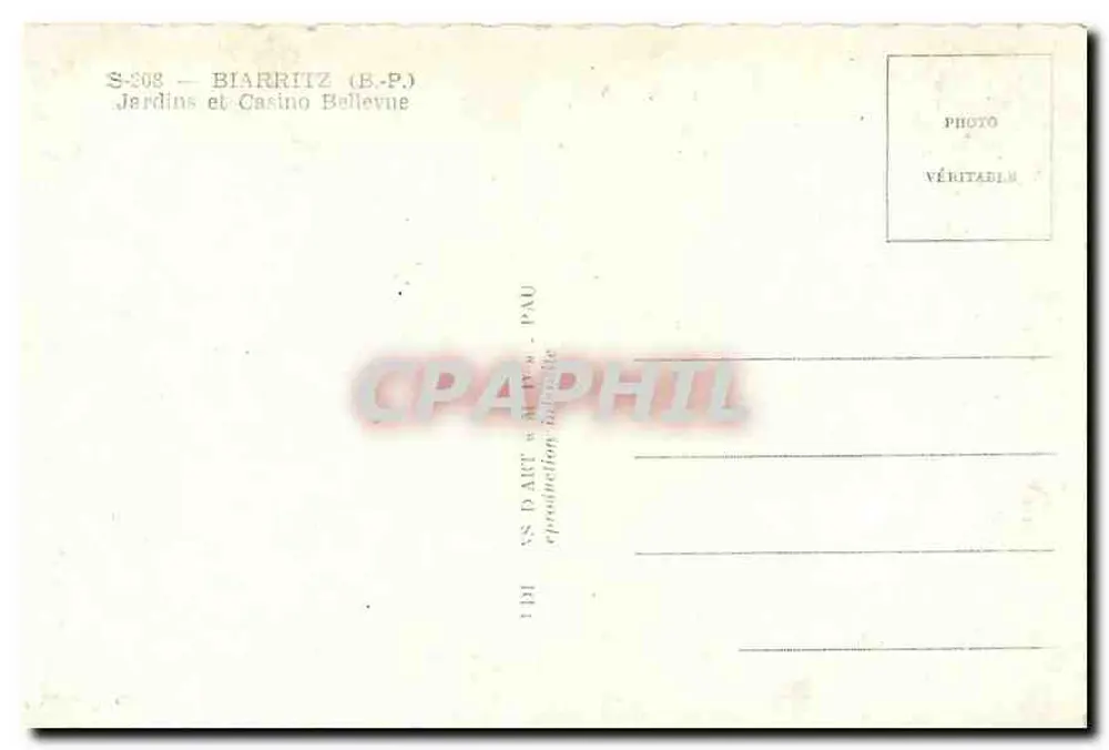 Biarritz — Jardins e Casino Bellevue — editor DART & PAU, n° S-208 - Verso