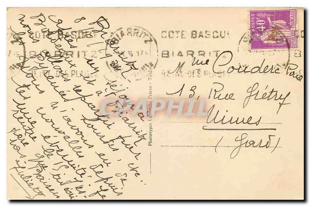 Biarritz - A praia da Côte des Basques — editor L.F. Rouxouse, n° 1238 - Verso