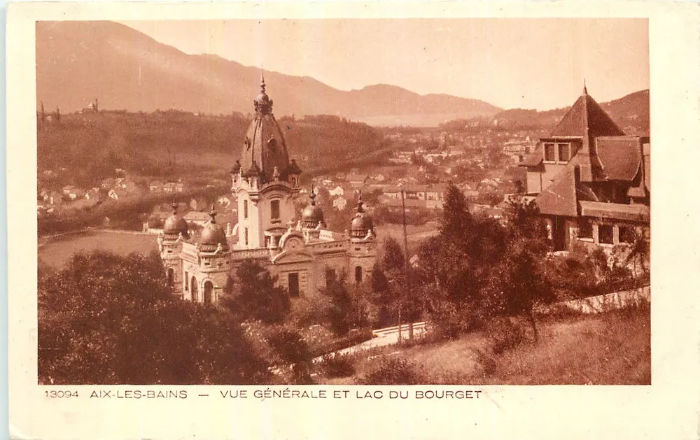 Aix-les-Bains — Vista generale e Lago del Bourget — editore Aix-les-Bains, n° 13094 - Recto