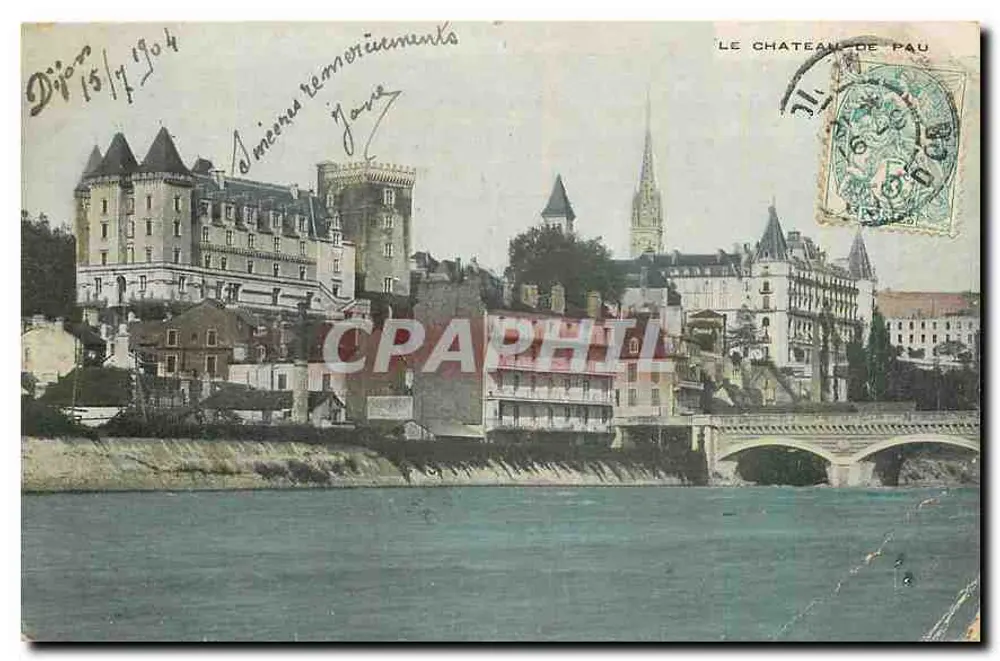 Le Château de Pau — vue du château et de la rivière avec pont — éditeur non visible - Frente