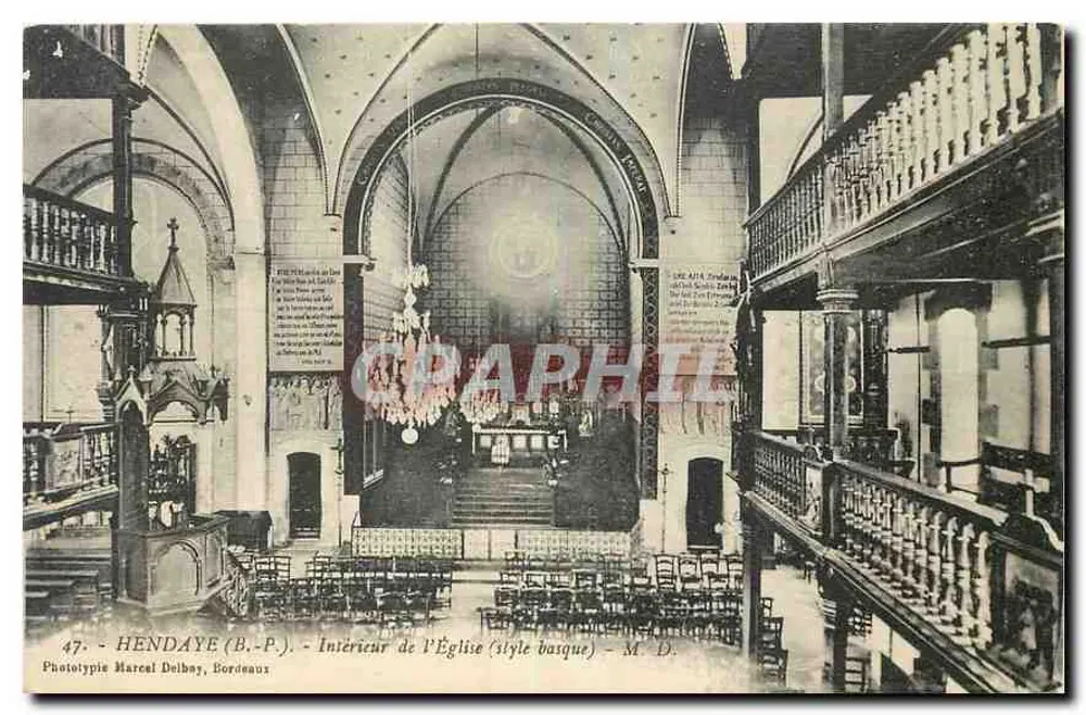 Hendaye (B.P.) — Binnenkant van de Kerk (Baskisch stijl) — Fototypie Marcel Delbey, Bordeaux - Voorkant