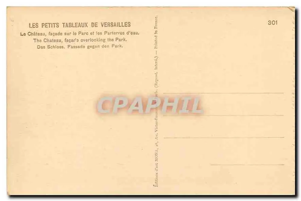 Schloss Versailles — Ansicht der Fassade zum Park und den Wasserbeeten — Éditions Mona, Nr. 301 - Rückseite