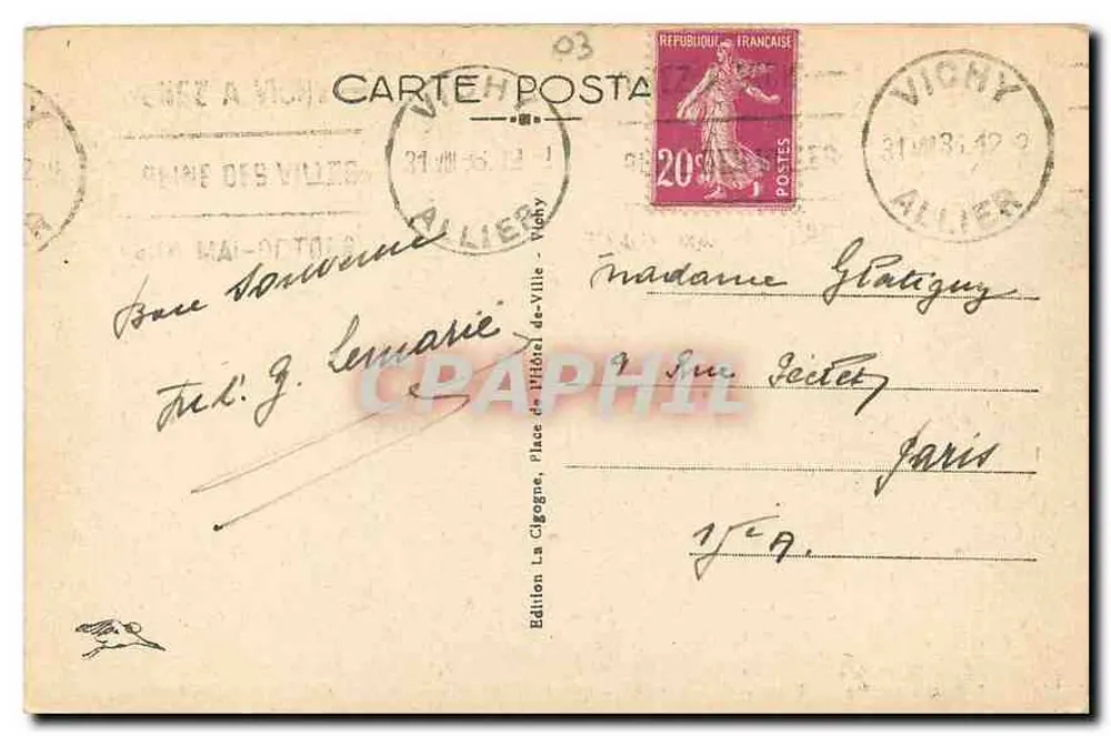 Vichy — Fonte da Grande Grille, temperatura 41° (vazão 3000 litros por hora) — Edição La Cigogne, n°364 - Verso
