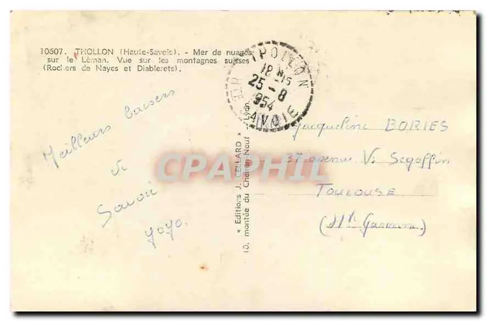Thollon (Haute-Savoie) — Meer aus Wolken über den Léman, Ausblick auf die Schweizer Berge (Rocliers de Nayces und Diablerets) — Verleger J. CELLARD, Druck von Chemin-Neuf - Rückseite