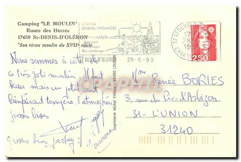 Moinho do século XVII — St-Denis-d'Oleron — Impressão Michel Firmin, 66200 Lougnon - Verso