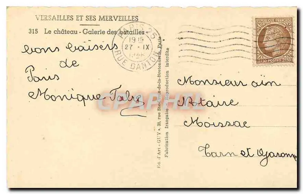 Das Schloss - Galerie der Schlachten — Versailles — Verlag Guy, Nr. 315 - Rückseite