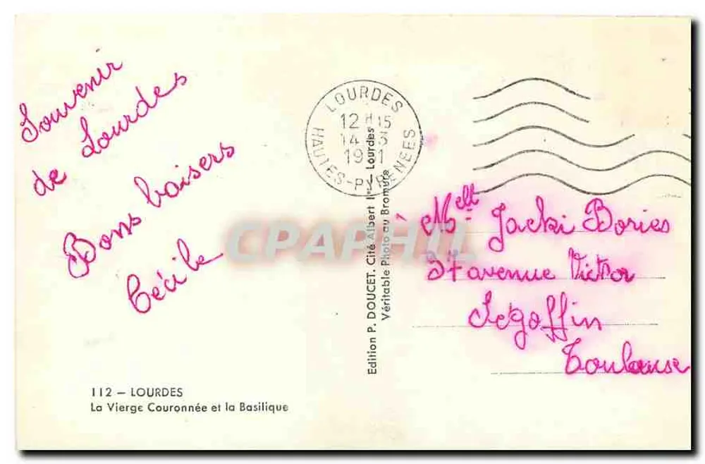 Lourdes — Ansicht der gekrönten Jungfrau und der Basilika — Edition P. DOUCET, n°112 - Rückseite
