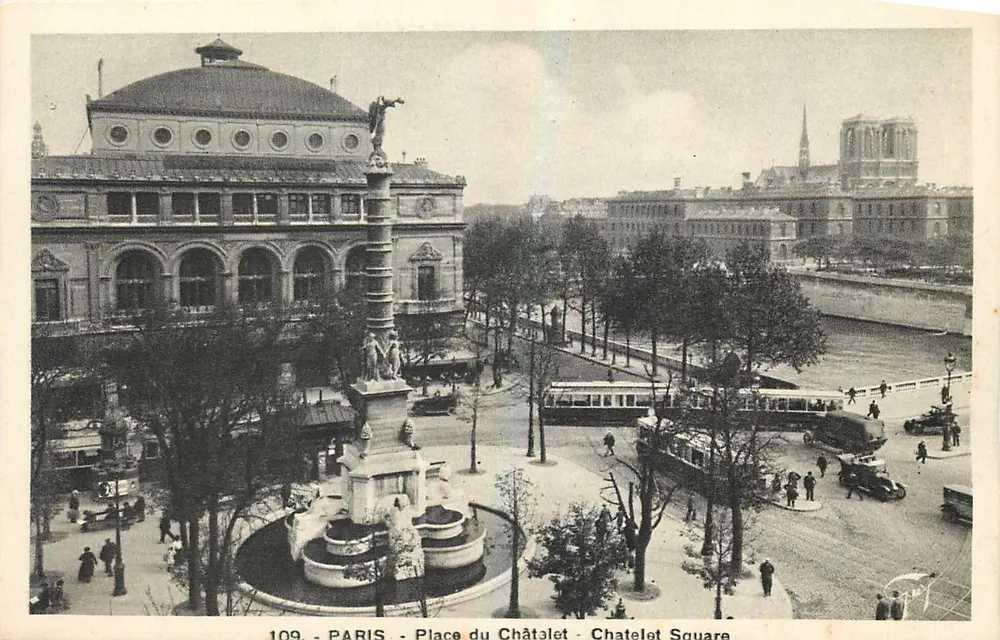 Paris - Place du Châtelet - Châtelet Square — vista com o teatro e a estátua da praça, editor A. Leconte - Frente