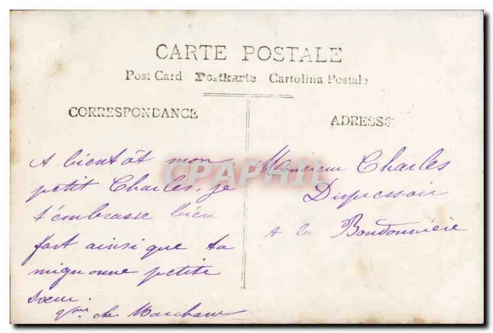 Mädchen in Seidenkleid und weißen Schuhen — mit 10c Republik Frankreich-Stempel mit Blumen — H.K.C. n°3207 - Rückseite