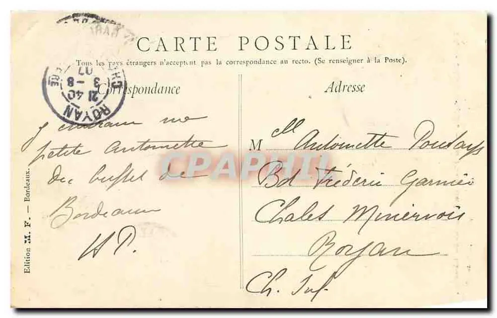 Bordeaux — La Porte de la Grosse Cloche — Édition M. F. Bordeaux - Rückseite