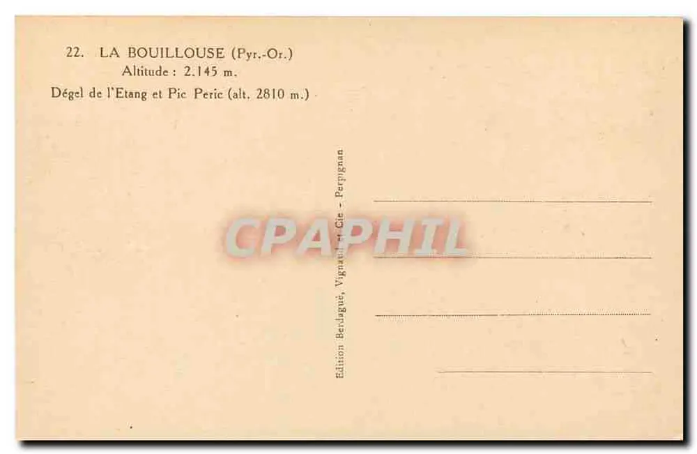 La Bouillouse (Pyrénées-Orientales) — Dégel de l'Étang et Pic Peric — Édition Bedaguet, Vignaud & Cie - Perpignan - Verso