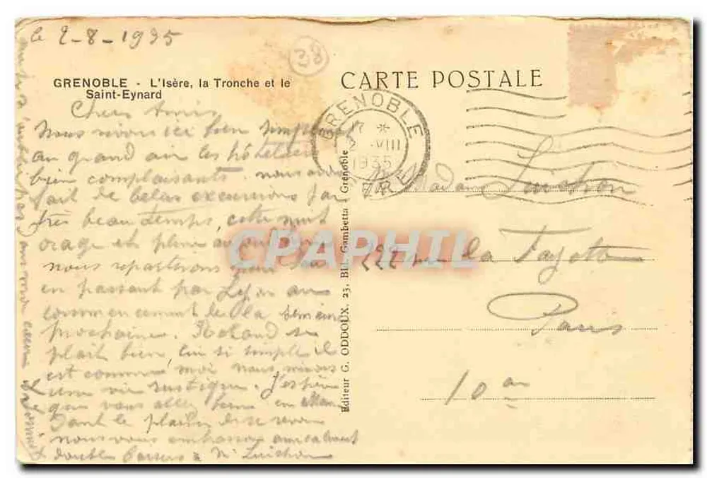 Ville de Grenoble — vue du fleuve Isère et du mont Saint-Eynard — éditeur G. Oddoux - Verso