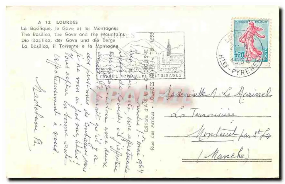 Lourdes — Basilique, le Gave et les Montagnes — Éditions des Artieux, n°12 - Verso