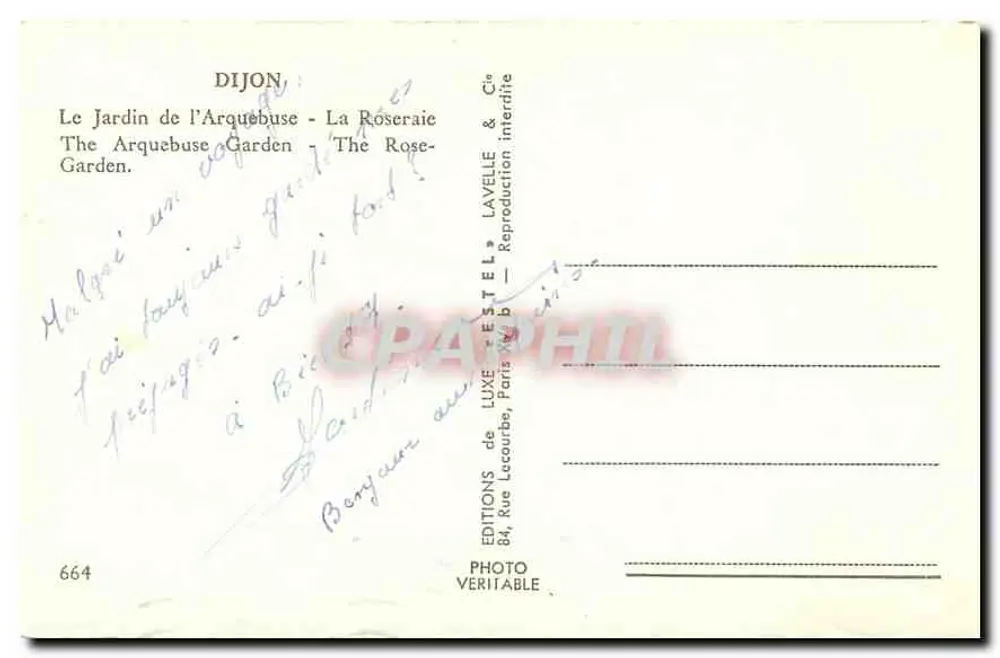 Dijon — O Jardim da Arquebuse — La Roseraie — Edições Luxe Estel, n°664 - Verso