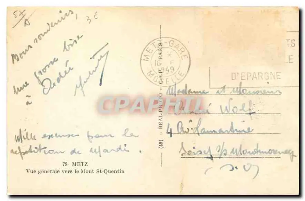 Vue générale vers le Mont St-Quentin — 78 METZ — éditeur C.A.P. - Verso