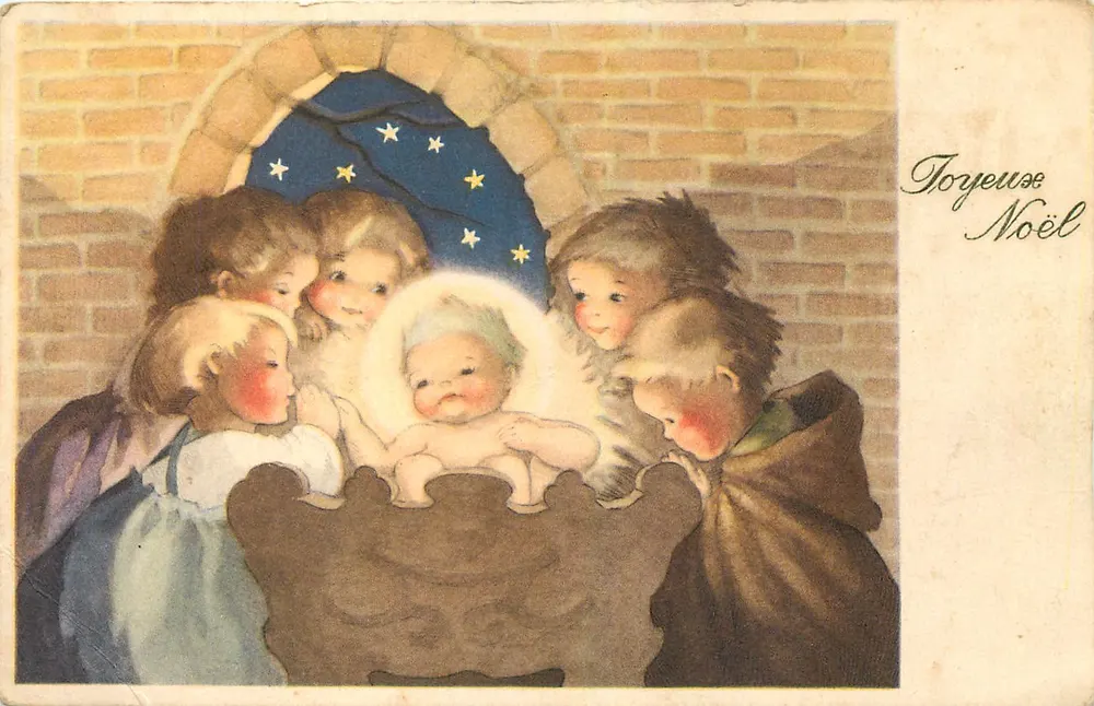 Natividade — Crianças ao redor do berço — Carte postale illustrée - Frente