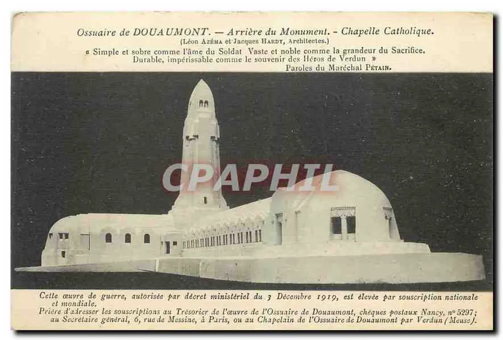 Ossuar von DOUAUMONT — Hinterseite des Denkmals — Katholische Kapelle. (Léon AZÉMA und Jacques HARDY, Architekten.) - Vorderseite