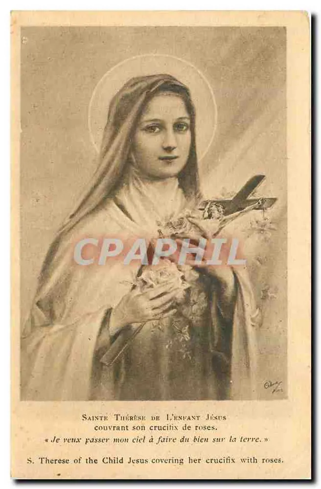 Sainte Thérèse de l'Enfant Jésus — couvrant son crucifix de roses — éditeur Berus, n° 102 - Recto