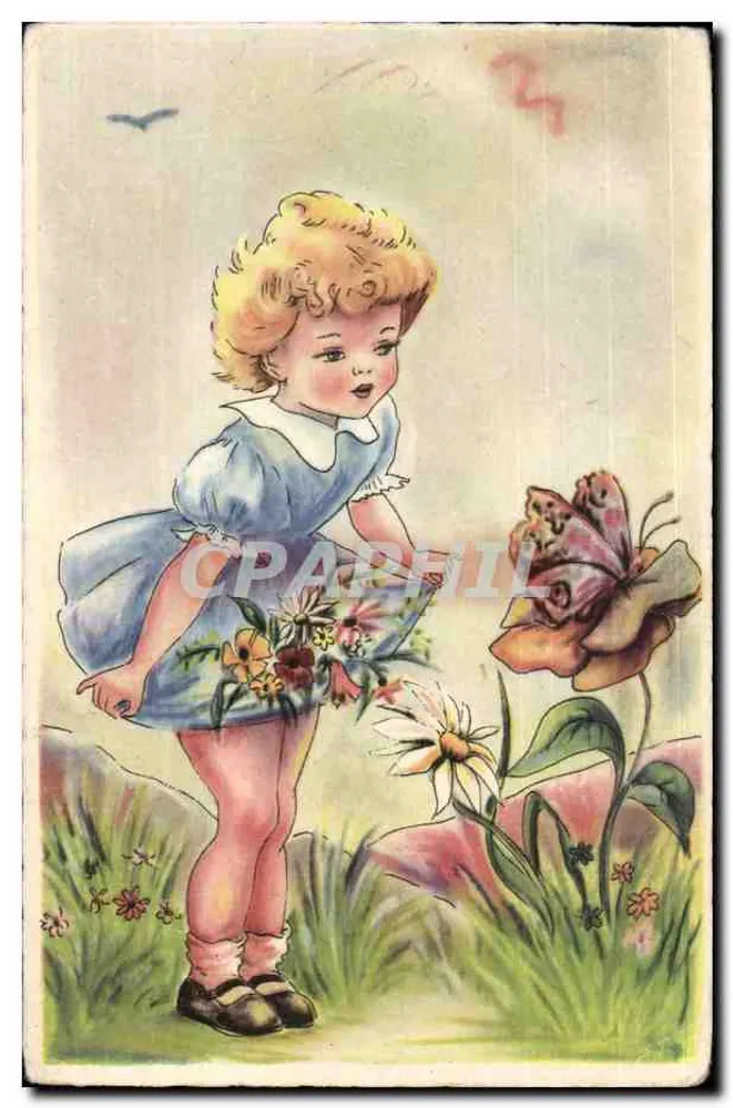 Mädchen in blauer Kleidung mit Blumenstrauß und Schmetterling — Serie N 3000 — Druckerei Paris - Vorderseite