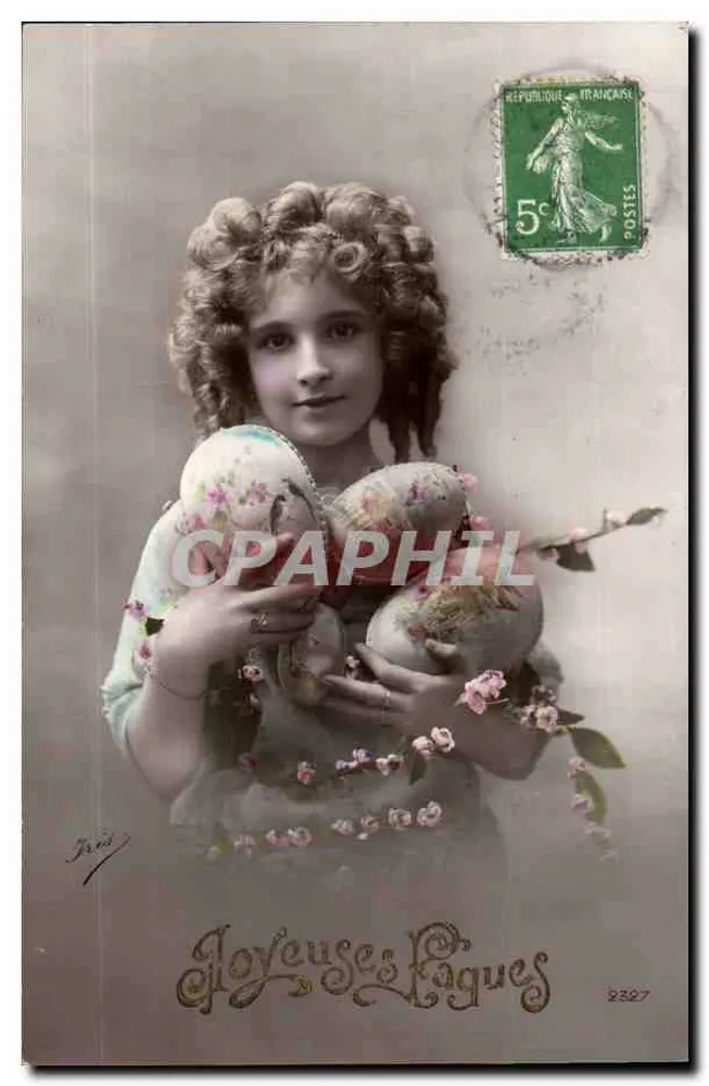 Fille tenant des œufs de Pâques — Joyeuses Pâques — éditeur J. Réa, n° 2327 - Recto