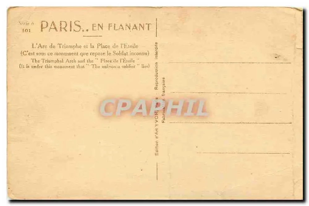 Arc de Triomphe — Place de l'Étoile — Édition d'Art YVON, série 101 - Verso