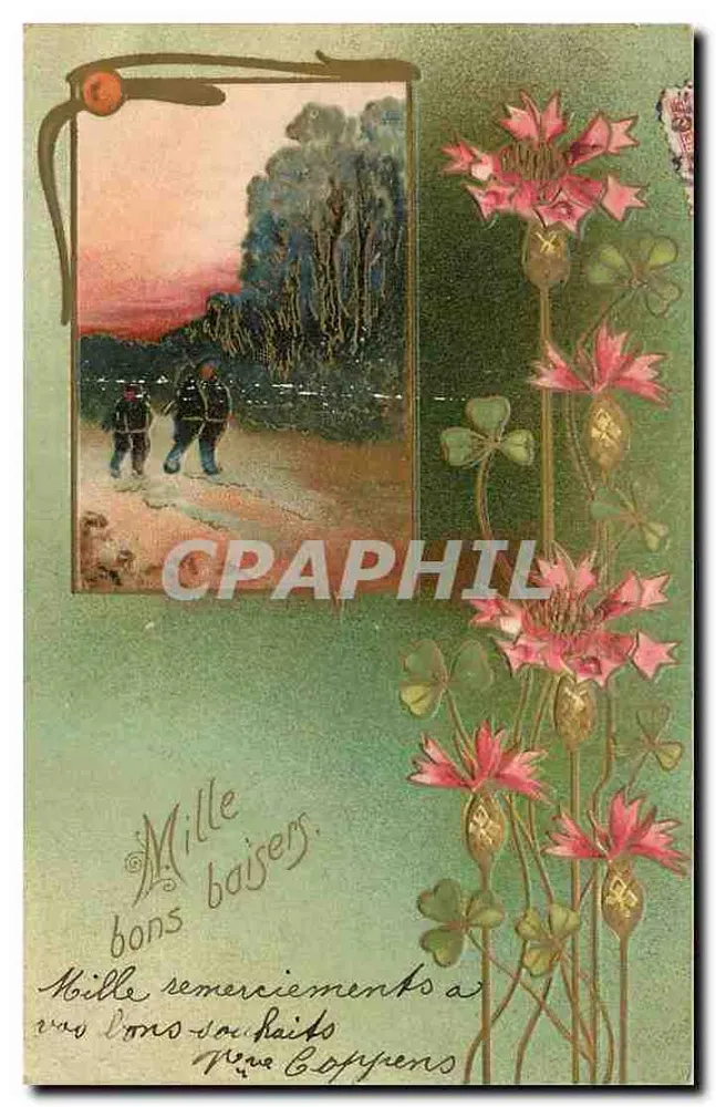 Dois homens caminhando ao entardecer — cartão postal decorado com flores e trevo — editor não identificado - Frente