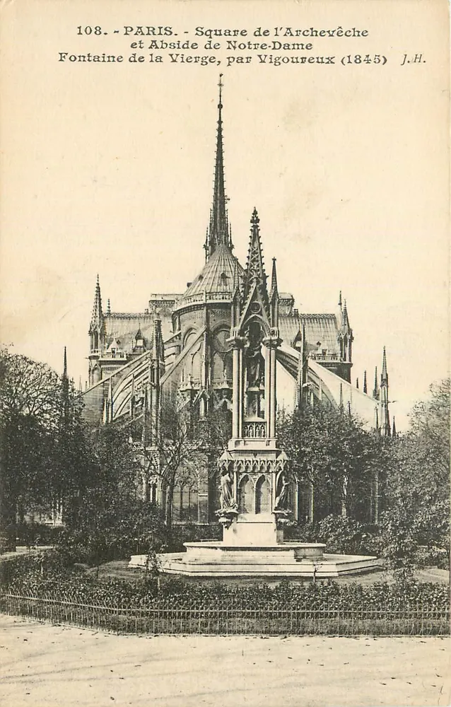 Paris - Square de l'Archevêché e Abside de Notre-Dame - Fontaine de la Vierge por Vigoureux (1845) - J.H. - Frente